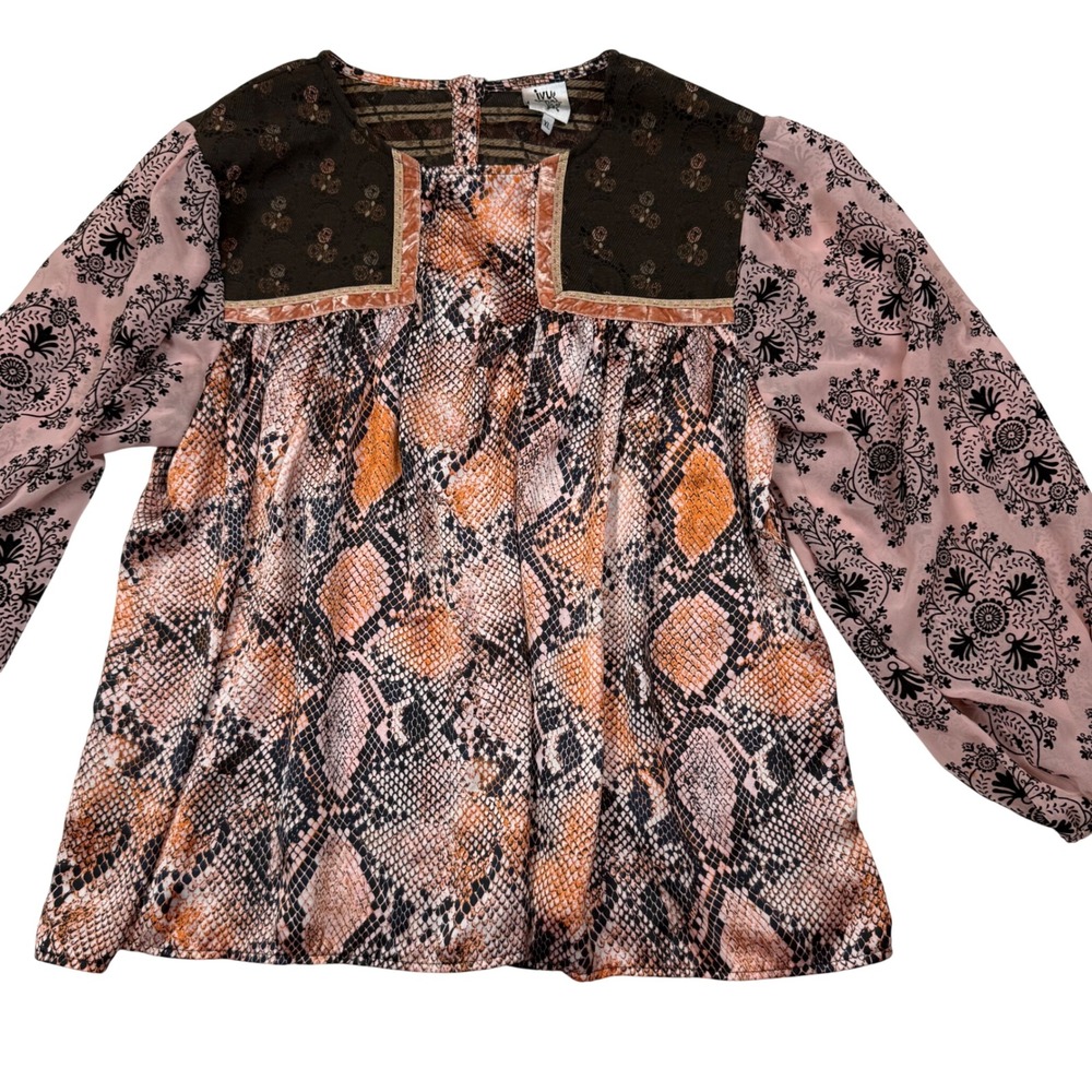 Ivy Jane Womens Mixed Media Snakeskin Floral Blouse XL Pink Brown Boho 630175 - Picture 1 of 9